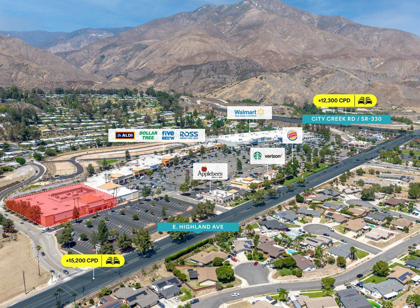 Aerial of Highland Avenue Plaza with the San Bernardino Mountains behind